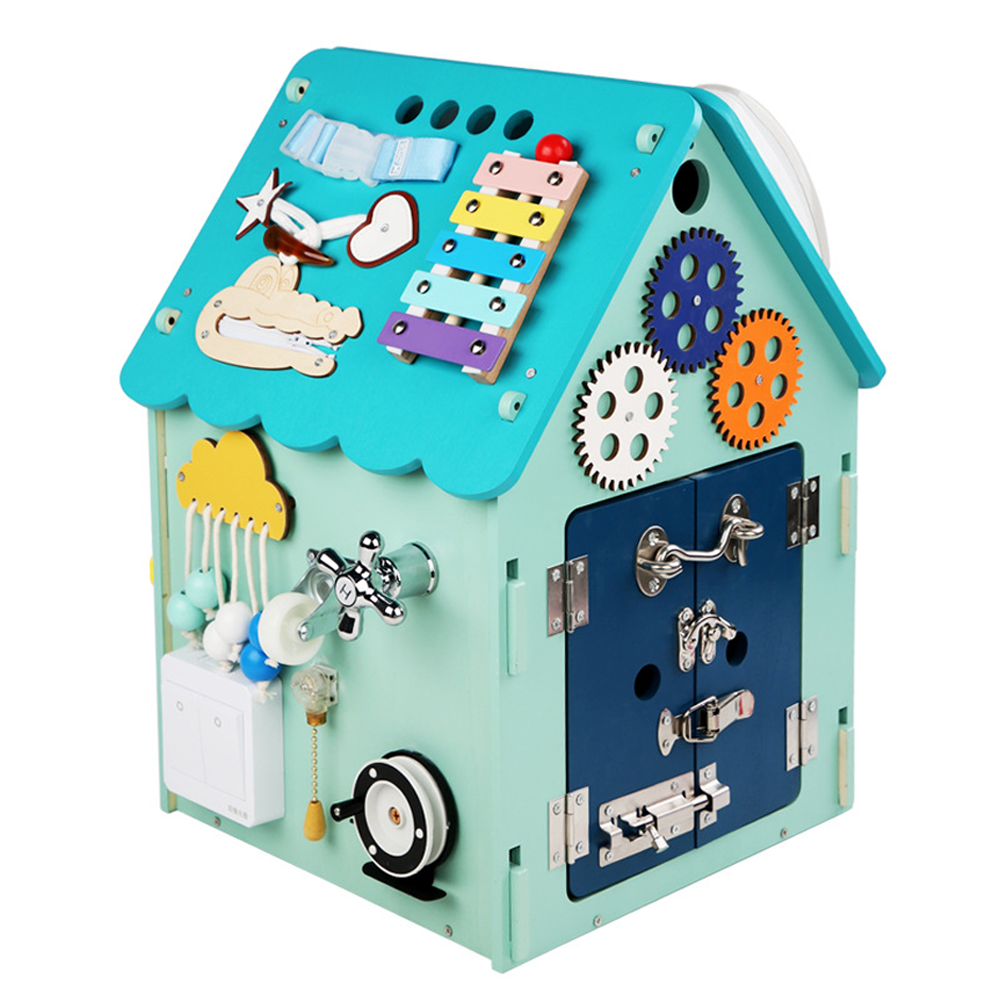 T4U-825-1 (1) لوحة أنشطة مونتيسوري للأطفال بشكل منزل – Busy Board لتنمية المهارات الحسية والحركية